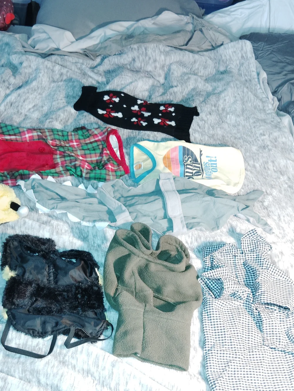 9 Piece Bundle Lot of XS & Sm Dog T's, Tank, Costumes, Sweaters, Jammies.
